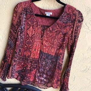 Lucky brand BoHo printed sheer Gauzy/crochet top